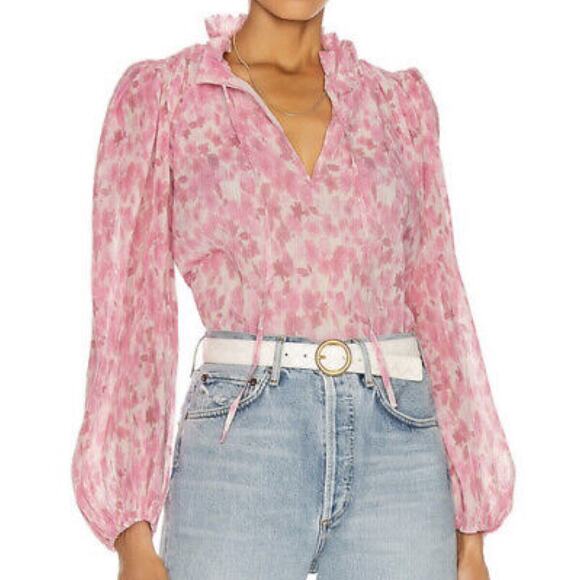 GANNI Pleated Georgette Blouse Pink Floral Print - Picture 1 of 14